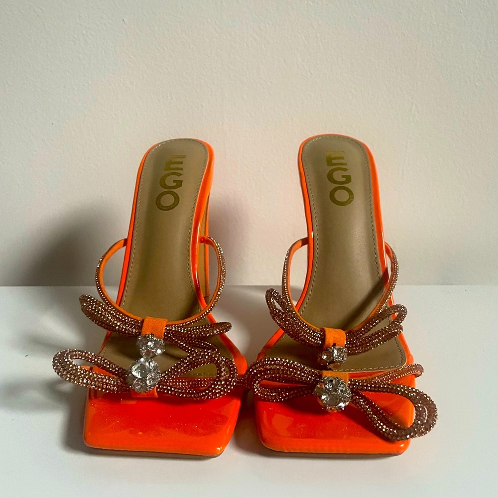 Orange and Sparkly Bow Open Toe Heels